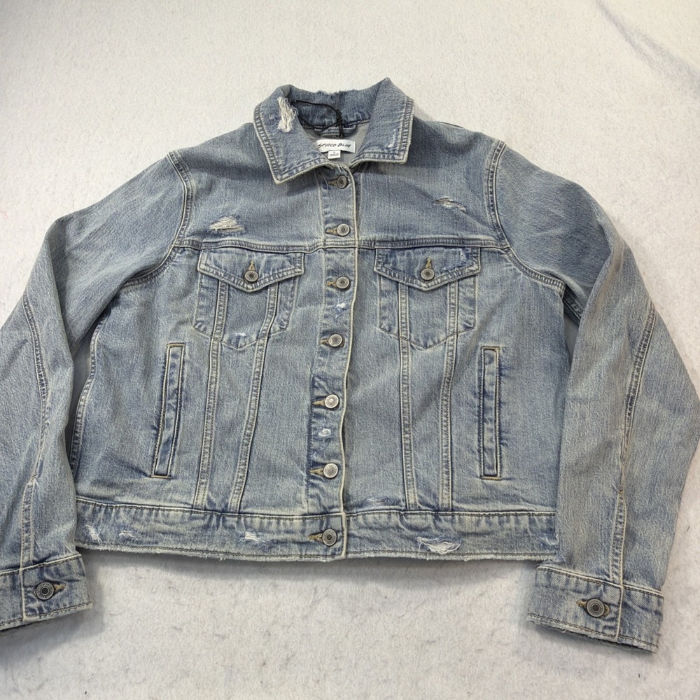 Studio Blue Women's Light Blue Distressed Denim Jacket Button‎ Pockets Size L
